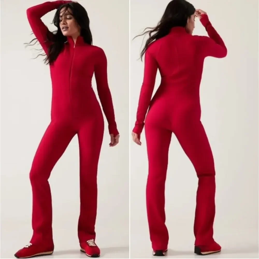 Athleta Alicia Keys Red Ribbed Jumpsuit Zip Front One Piece S - Picture 1 of 5